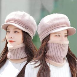 Autumn winter plus velvet padded female warm rabbit fur beret Hats & Scarves Sets Cycling windproof knitted hat and scarf set cap