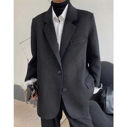 Winter Thickened Woollen Blended Suit Lapel Wide Shoulder Leisure Plus Size Loose Women Black Oversized Blazers And Jackets 211122