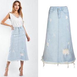 Skirts Women High Waist Washed Denim Jeans Skirt Woman White Belt Lace-up Slit Mid-Calf Casual Streetwear A-Line