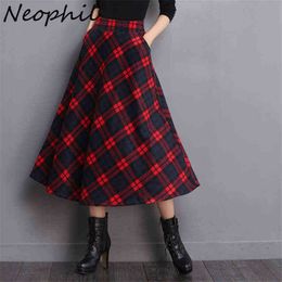 Neophil England Style Red Plaid High Waist Long Woolen XXL A-line Winter Women Pockets Chic Maxi Tartan Skirts S1735 211120