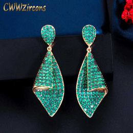 Creative Two Tone Gold Colour Full Cubic Zirconia Green Drop Earrings for Women Unique Designer Brand Jewellery CZ806 210714