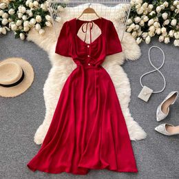 Summer Red/Blue/White Hollow Out Women Dress Sexy Square Collar Short Sleeve High Waist A-Line Casual Vestidos Female 2021 New Y0603