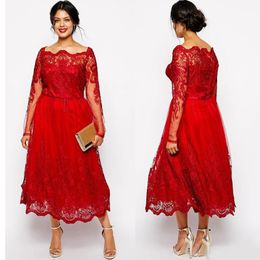 Stunning Red Plus Size Evening Dresses Sleeves Square Neckline Lace Appliqued A-Line Prom Gowns Tulle Tea-Length Formal Dress Siyah Abiye