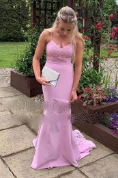 2022 Pink Mermaid Prom Dresses Long Lace Top And Satin Skirt Applique Lace Sweep Train Evening Dress Spaghetti Strap Chic rochii