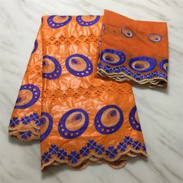 5Yards Nice Looking Orange Bazin brocade Lace Fabric African Embroidery Match 2Yards French Mesh Blouse Set PL71193