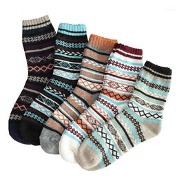 Pairs Men Thick Needle Ethnic Style Socks Grid Striped Middle Tube Stockings1