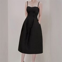 Women Summer Spaghetti Strap Vintage Dress Plus Size Elegant Sleeveless Solid Color Hepburn Sling Party Vestidos 210603