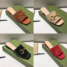 2021 Women's slide designer sandals with Double G Top grade Leather Slides flip flops Flats slippers Ladies Summer shoes with box US11 NO274