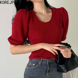 Korejpaa Girl T-Shirt Summer Korea Chic Temperament All-Match Slimming U-Neck Pit Strip Solid Colour Puff Sleeve Knitted Top 210526