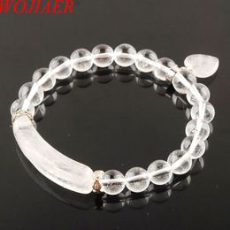 WOJIAER Natural Stone Beads White Crystal Strand Bracelets & Bangles Heart Shape Charm Fitting Women Jewelry Love Gifts K3325