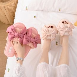 Indoor Cute Butterfly-knot Women Fur Slippers Open-toe Solid Bedroom Flat Ladies Flock Shoes Non-slip Chic Fuzzy Women Slippers Y1120