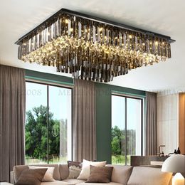 Luxury Smoke Grey Crystal LED Ceiling Lights Rectangular LED Pendant Lamps Living Dining Room Bedroom Restaurant Black Chandelier Lighting Fixtures