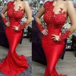 New red Lace appliques beading Mermaid Prom Dresses Jewel Neck Long Illusion Sleeves Formal Party Gowns Evening Dress Custom