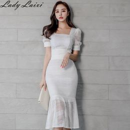 Summer 2 Pieces Lace Mermaid skirt Suits Women Sexy Puff Sleeve Hollow Out short Crop Top + Fishtail Skirts Set 210529