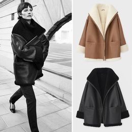 Women's Fur & Faux Leather Women Warm Zipper Coat Long Sleeve Turn-Down Collar Fashion Jacket 2021 Winter Female Outwear Tops With Pockets