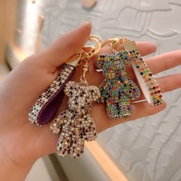 New 23ss Creative Cute Rhinestone Bear Key Chain Women Crystal Animal Keychains Leather Strap Lanyard Bag Charms Pendant Accessories womens Key Chains