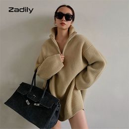 Zadily Autumn Street Style Full Sleeve Turleneck Knit Women's Sweater Y2K Zipper Oversize Long Pullover Winter Clothing 210922