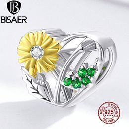 BISAER Daisy Flower Heart Beads 925 Sterling Silver Hollow CZ Yellow Enamel Charm Fit Bracelet Necklace Jewellery Making EFC284 Q0531