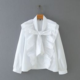 Women Cascading Ruffle V-Neck Bow Tie White Shirt Smock Femme Long Sleeve Blouse Casual Lady Loose Tops Blusas S8089 210225