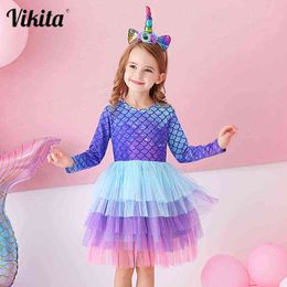 VIKITA Tutu Dress for Girls Long Sleeve Baby Girls Cartoon Princess Party Vestidos Kids Mesh Dress for Girl Costumes G1129