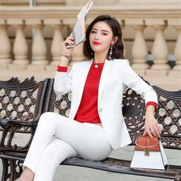 High Quality Ladies Business White Suit Set Autumn Casual Long Sleeve One Button Blazer Female Pants Suit Office Jacket S-4XL 210927