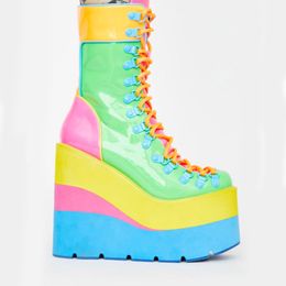 INS Punk Female Big Size 43 Mid Calf Boots Wegdes Mixed Colour Zipper Buckle Boots Women Platform Luxury Shoes Woman