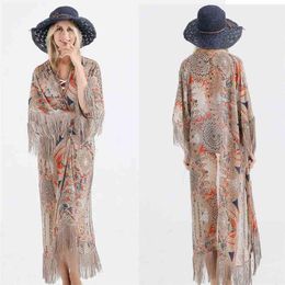 Womens Summer Half Sleeve Chiffon Cardigan Boho Retro Geometric Floral Printed Fringed Tassels Patchwork Bikini Cover Up 210722