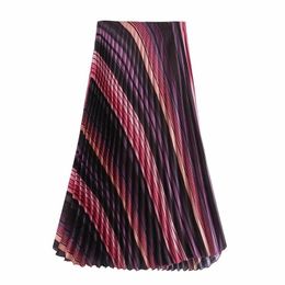 New Women Vintage Colourful striped print pleated midi skirt faldas mujer ladies side zipper casual slim chic brand skirts QUN564 210309