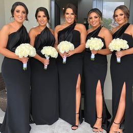 Simple Black Mermaid Bridesmaid Dresses One Shoulder High Side Split Satin Long Floor Length Wedding Guest Dress Formal Maid Of Honour Gowns Vestidos
