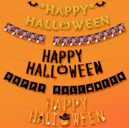 HAPPY HALLOWEEN Banner Garland with Pumpkin Bat Spider Ghost Signs Hanging Halloween Party Decorations Indoor and Outdoor Orange Banner