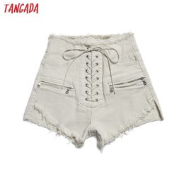 Tangada women stylish summer denim shorts lace up high waist pockets female casual streetwear white short jeans pantalone 210306