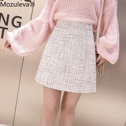 Mozuleva Women Tweed Half-length Skirt Autumn Winter High Waist Plaid Wollen Tassel Short Skirt Chic Black Bodycon A Line Skirt 210309