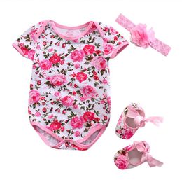 Clothing Sets Summer Born Baby Girl Clothes Floral Leopard Romper Short Sleeve Jumpsuit Shoe Hairband 3Pcs Outfits SetClothing