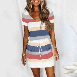 Fashion Stripe Drawstring Dress Summer Dress Short Sleeve V -neck Women Clothing Female Plus Size Sexy Dress Sukienka#g3 Y1204