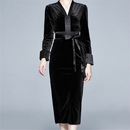 Velvet Dress Women Elegant Spring Autumn Long Sleeve Lace up Black Midi Slim Waist Vestidos 210603