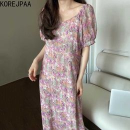 Korejpaa Women Dress Summer Korean Western-Style Romantic Square-Neck Flower Color Blooming Lace-Up Puff Sleeve Vestidos 210526