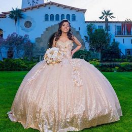 2022 Rose Gold Quinceanera Dress Ball Sweetheart Lace Appliques Beads Sequined Floor Length Sweet 16 Prom Princess Gown