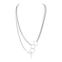 Holiday Gifts Titanium Steel three Ring Double Chain Pendant Necklace Cross TMen's Fashion Long Hip-Hop Punk Jewellery