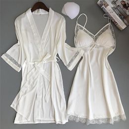 Sexy Women Rayon Kimono Bathrobe WHITE Bride Bridesmaid Wedding Robe Set Lace Trim Sleepwear Casual Home Clothes Nightwear 210831