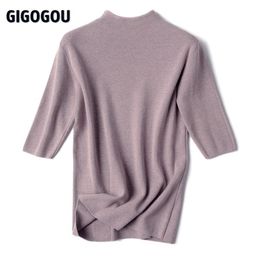 GIGOGOU Half Sleeve Women Turtleneck Sweater Autumn Spring Pullover Top Soft Female Jumper Black White Tight Sweaters Pull Femme 210917