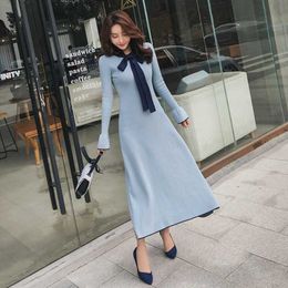 Autumn Winter High Quality Elegant Women Long Knitted Dress Flare Sleeve Thick Warm Sweater Fashion Sashes Maxi 210529