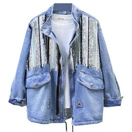 Women's Jackets 2022 Sequins Denim Jacket Women Bomber Fashion Long Sleeves Coats Vintage Hippie Jeans Colete Feminino P358