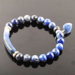 WOJIAER Natural Beads Blue-veins Stone Strand Bracelets & Bangles Heart Shape Charm Fitting Women Jewellery Love Gifts K3324