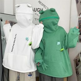 Autumn Green Fleece Frog Hoodie harajuku Embroidery Hooded Pullover Oversized Hoodies Women Men Sudaderas Hombre Sweatshirt 201113