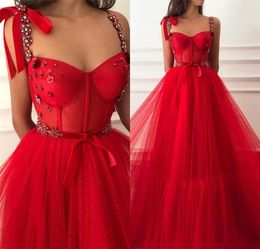 Red Prom Dresses Spaghetti Straps Tulle Crystals Beaded Floor Length Custom Made African Evening Party Gown Formal Ocn Wear Vestidos 403