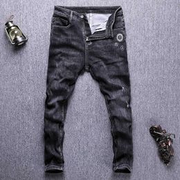 Ly Designer Fashion Men Jeans High Quality Elastic Slim Fit Ripped Retro Black Grey Embroidery Casual Denim Pants 0HJL