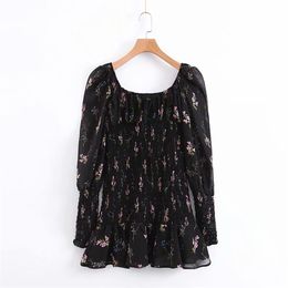 Black Chiffom Floral Dresses Bomb Slim Square Collar Mini for Women Fashion Streetwear Vestidos 210531