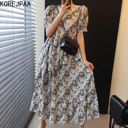 Korejpaa Women Dress Summer Korean Chic Retro Temperament Round Neck Flower Print Ruffled Stitching Puff Sleeve Vestidos 210526