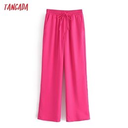 Tangada Fashion Women Pink Wide Leg Suit Pants Trousers Bow Strethy Waist Office Lady Pantalon 3W110 211115