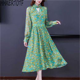 Summer Women Fashion Imitation Silk Chiffon Print long Sleeve Dress Female v-Neck dress 210531